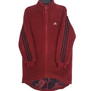 Adidas Big Jacket Oversized Coat Sherpa Fleece Longline Zip Stripes Burgundy Sm